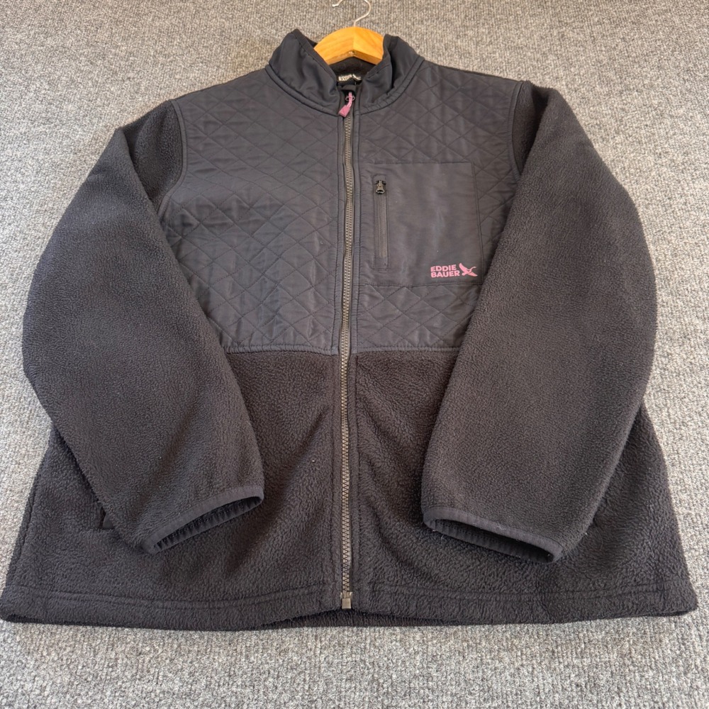 Eddie Bauer Fleece Jacket Womens Large Black Excellent Quilted Hybrid Zip Up